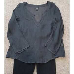 Eileen Fisher Gray Linen V Neck Top M Minimalist Luxe